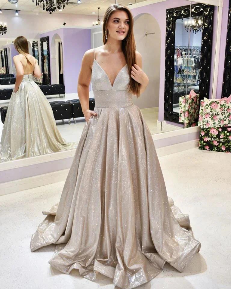 A-line V-neck Sequins Floor Length Evening Dress with Spaghetti Straps by BIZTUNNEL