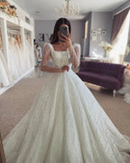 Fabulous A-Line Lace Off-The-Shoulder Long Sleeve White Wedding Dress With Ruffles by misshow.com