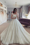 Fabulous A-Line Lace Off-The-Shoulder Long Sleeve White Wedding Dress With Ruffles by misshow.com