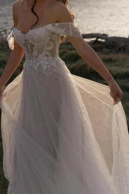 Fabulous A-Line Lace Off-The-Shoulder Sleeveless White Wedding Dress With Ruffles by misshow.com
