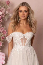 Fabulous A-Line Lace Off-The-Shoulder Sleeveless White Wedding Dress With Ruffles by misshow.com