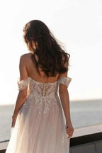 Fabulous A-Line Lace Off-The-Shoulder Sleeveless White Wedding Dress With Ruffles by misshow.com