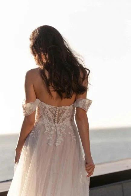 Fabulous A-Line Lace Off-The-Shoulder Sleeveless White Wedding Dress With Ruffles by misshow.com