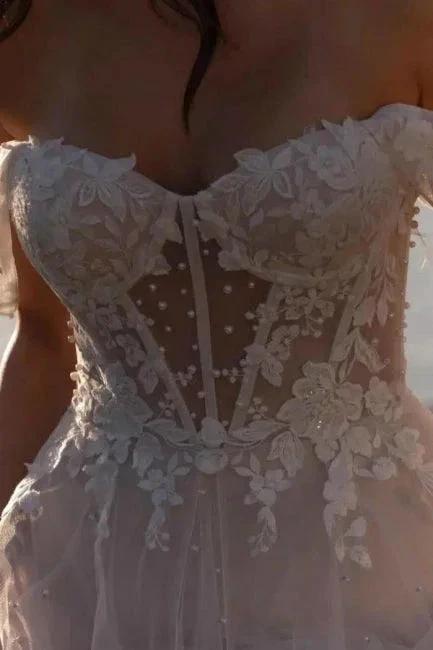 Fabulous A-Line Lace Off-The-Shoulder Sleeveless White Wedding Dress With Ruffles by misshow.com
