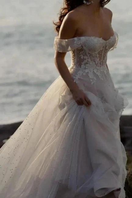 Fabulous A-Line Lace Off-The-Shoulder Sleeveless White Wedding Dress With Ruffles by misshow.com