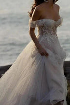 Fabulous A-Line Lace Off-The-Shoulder Sleeveless White Wedding Dress With Ruffles by misshow.com