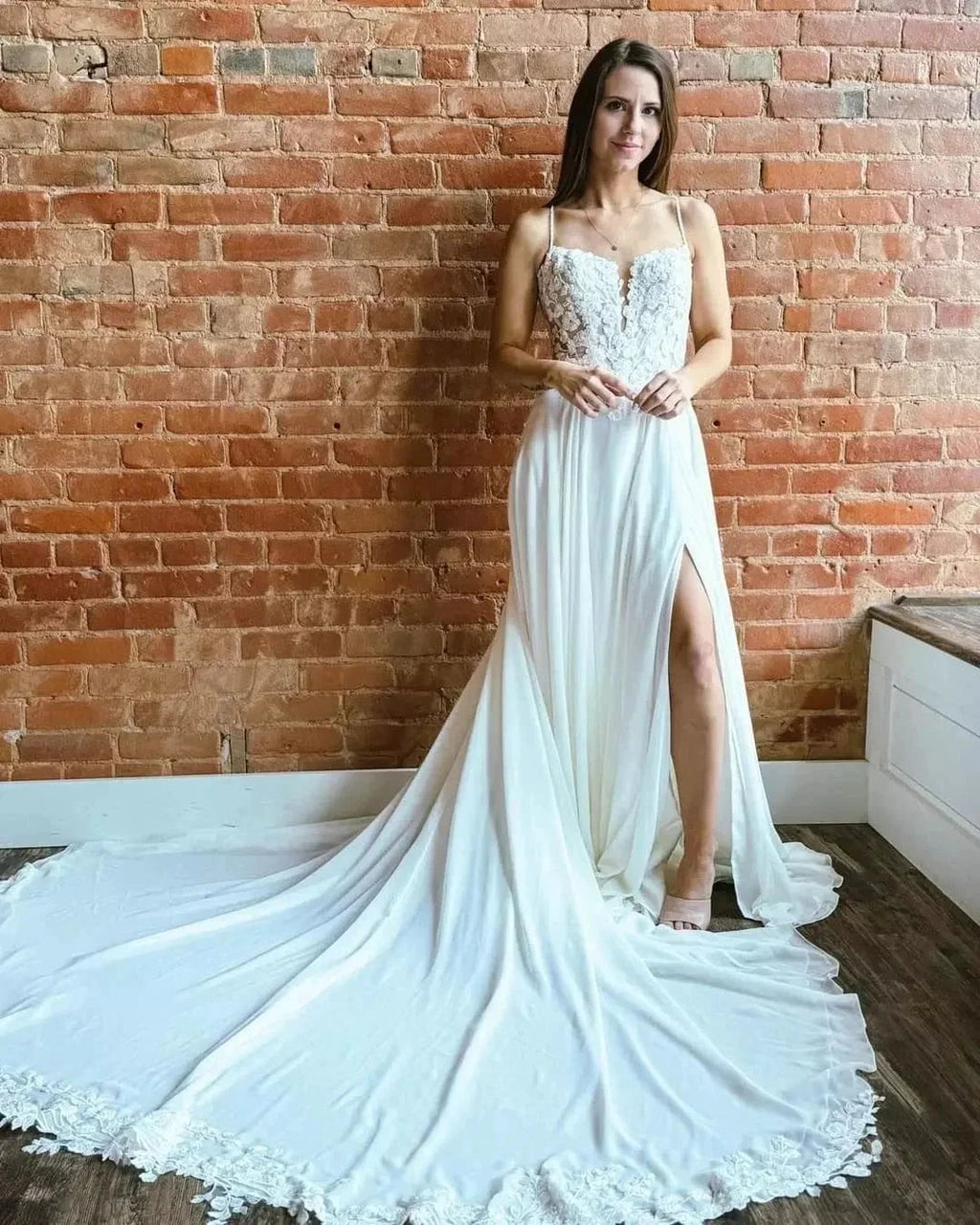 Fabulous A-Line Lace Spaghetti Straps Sleeveless White Wedding Dresses With Split Train by misshow.com