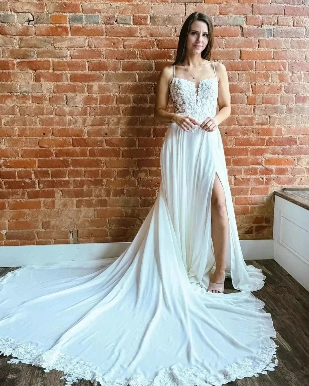 Fabulous A-Line Lace Spaghetti Straps Sleeveless White Wedding Dresses With Split Train by misshow.com