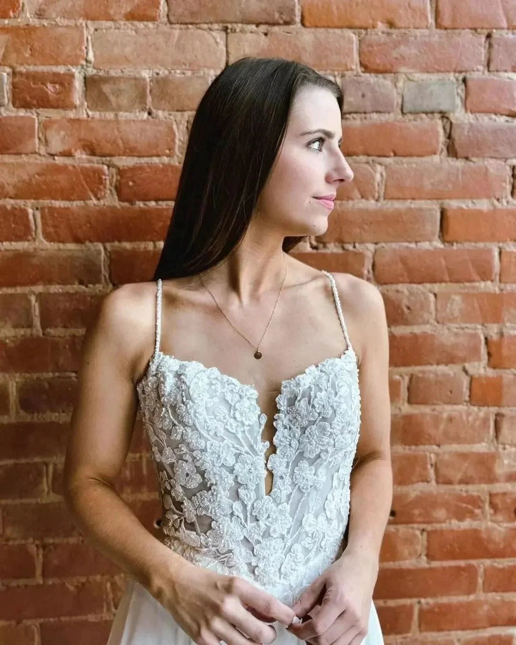 Fabulous A-Line Lace Spaghetti Straps Sleeveless White Wedding Dresses With Split Train by misshow.com
