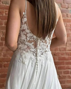 Fabulous A-Line Lace Spaghetti Straps Sleeveless White Wedding Dresses With Split Train by misshow.com