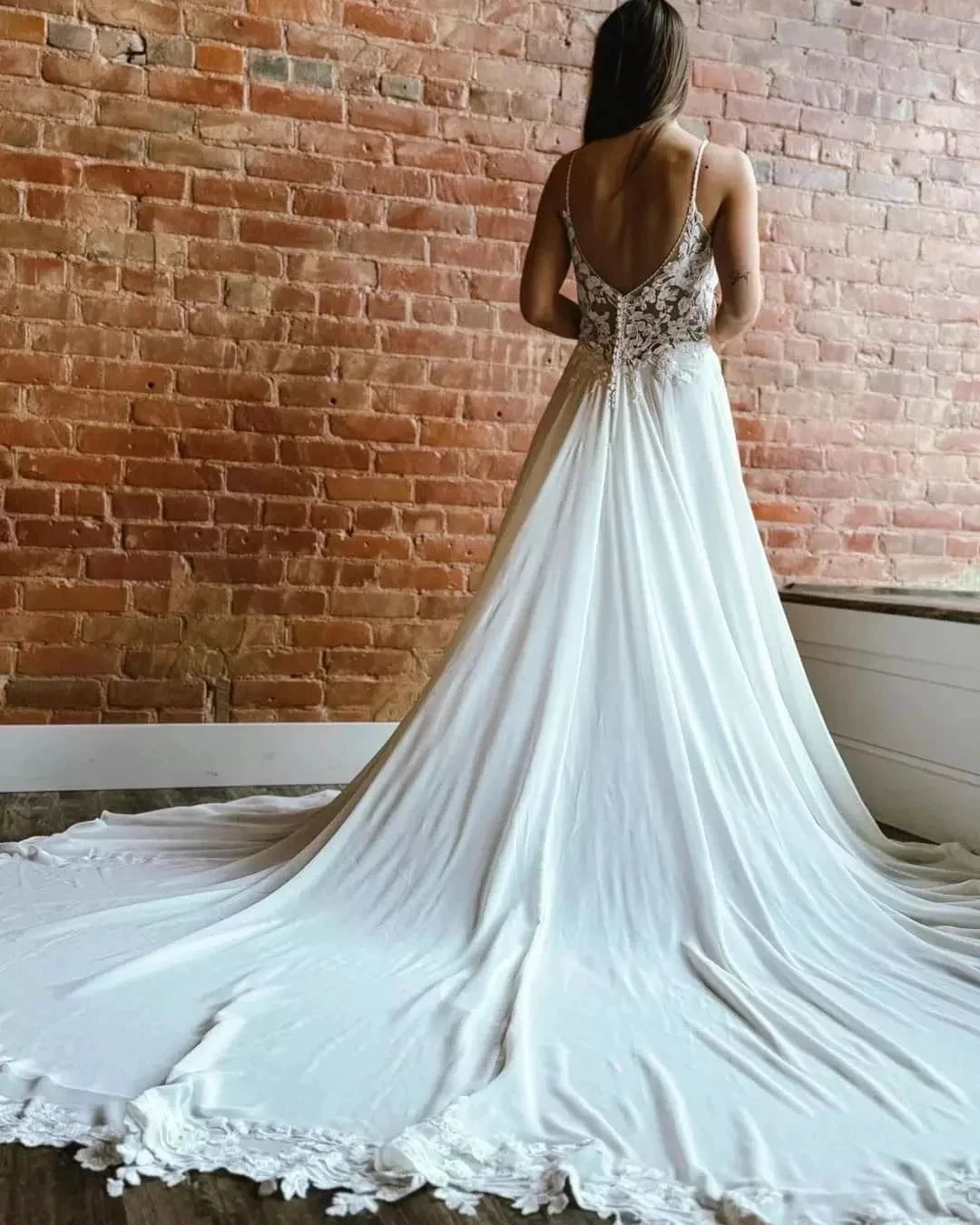 Fabulous A-Line Lace Spaghetti Straps Sleeveless White Wedding Dresses With Split Train by misshow.com