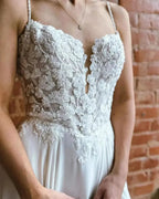 Fabulous A-Line Lace Spaghetti Straps Sleeveless White Wedding Dresses With Split Train by misshow.com