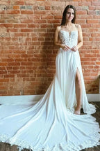 Fabulous A-Line Lace Spaghetti Straps Sleeveless White Wedding Dresses With Split Train by misshow.com