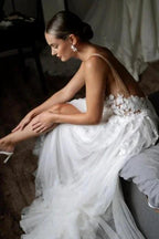 Fabulous A-Line Lace V-neck Sleeveless White Wedding Dress With Appliques by misshow.com