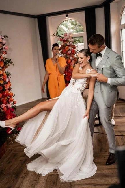 Fabulous A-Line Lace V-neck Sleeveless White Wedding Dress With Appliques by misshow.com