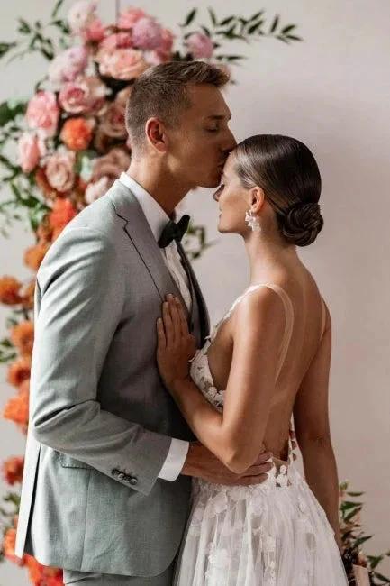 Fabulous A-Line Lace V-neck Sleeveless White Wedding Dress With Appliques by misshow.com