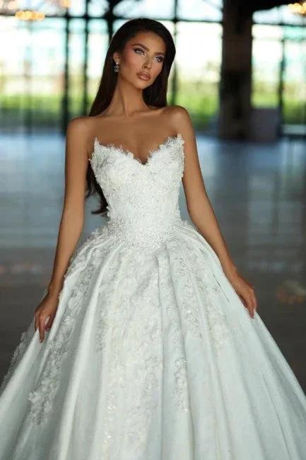 Fabulous A-Line Lace V-Neck Sleeveless White Wedding Dresses With Appliques by misshow.com