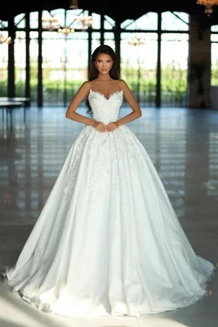 Fabulous A-Line Lace V-Neck Sleeveless White Wedding Dresses With Appliques by misshow.com