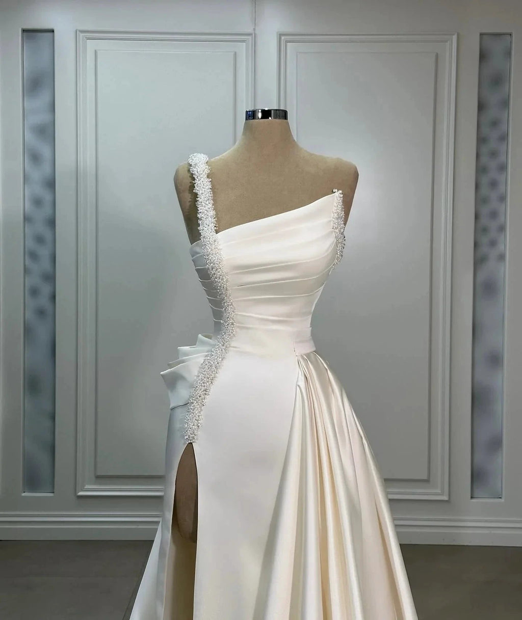 Fabulous A-Line Satin One Shoulder Sleeveless Wedding Dresses With Ruffles Split Front by misshow.com