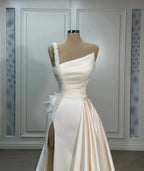 Fabulous A-Line Satin One Shoulder Sleeveless Wedding Dresses With Ruffles Split Front by misshow.com