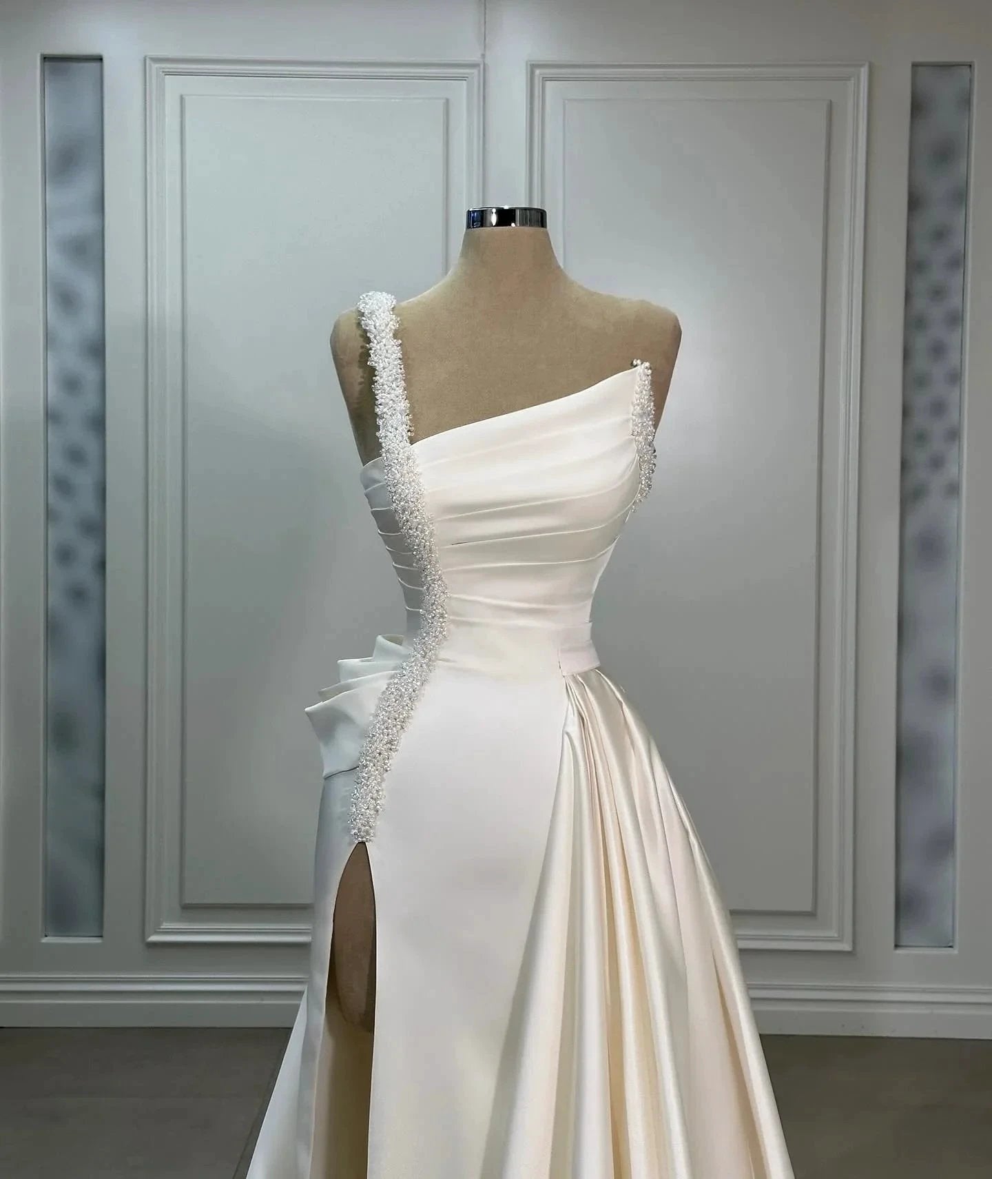 Fabulous A-Line Satin One Shoulder Sleeveless Wedding Dresses With Ruffles Split Front by misshow.com