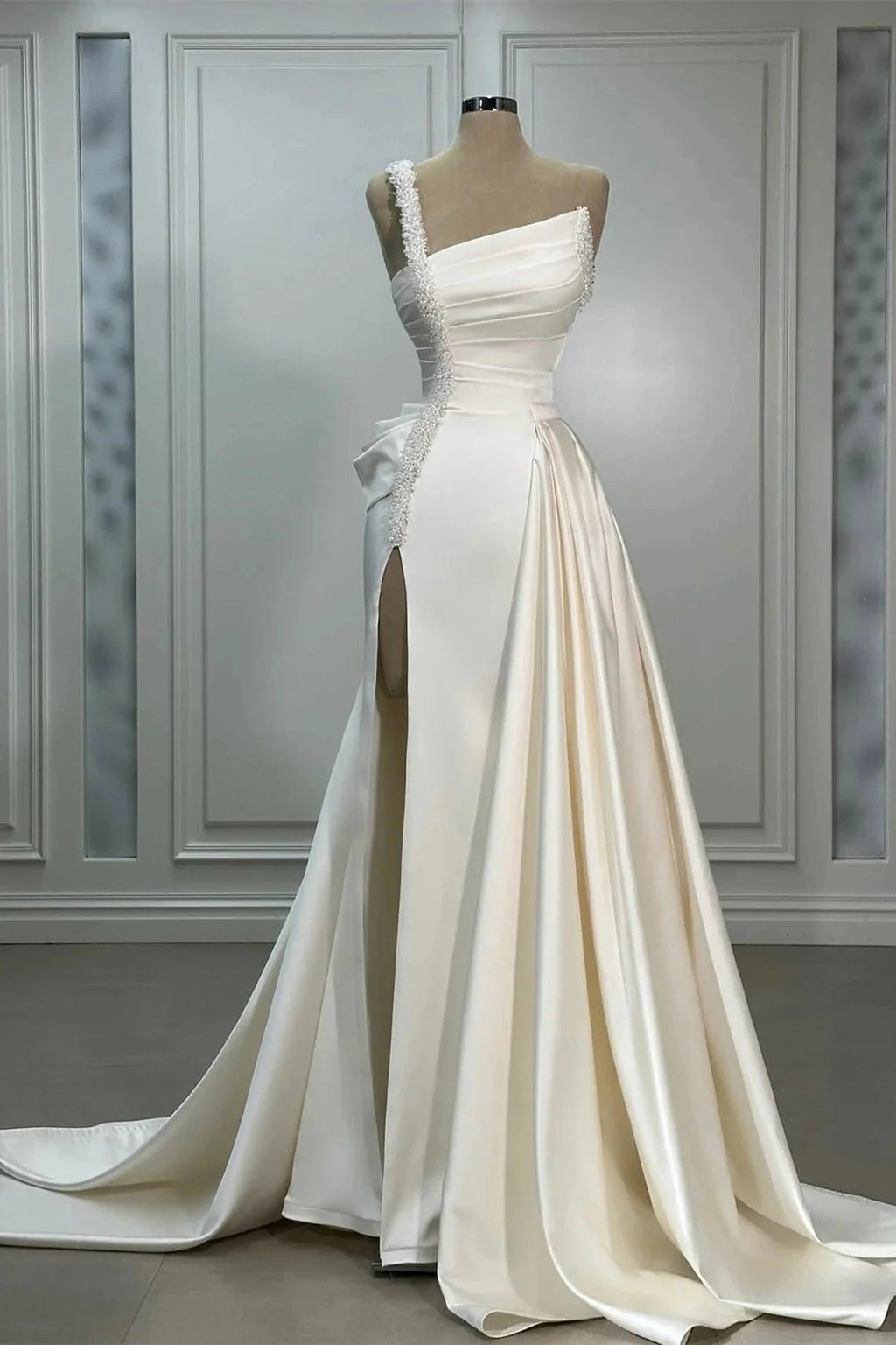 Fabulous A-Line Satin One Shoulder Sleeveless Wedding Dresses With Ruffles Split Front by misshow.com