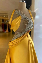 Fabulous Column Satin Halter Sleeveless Yellow Long Prom Dress With Beading by misshow.com