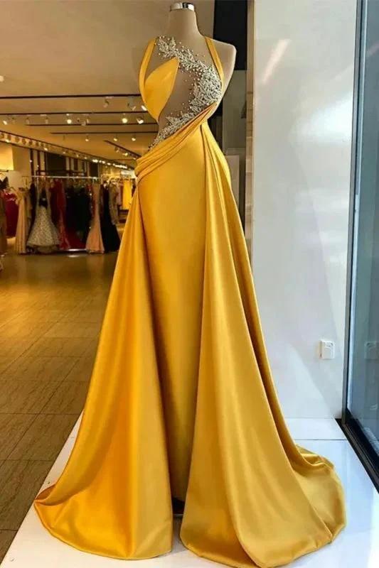 Fabulous Column Satin Halter Sleeveless Yellow Long Prom Dress With Beading by misshow.com