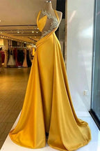Fabulous Column Satin Halter Sleeveless Yellow Long Prom Dress With Beading by misshow.com