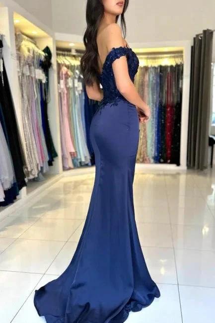 Fabulous Column Satin Lace Off-The-Shoulder Sleeveless Prom Dresses With Appliques Split Front by misshow.com