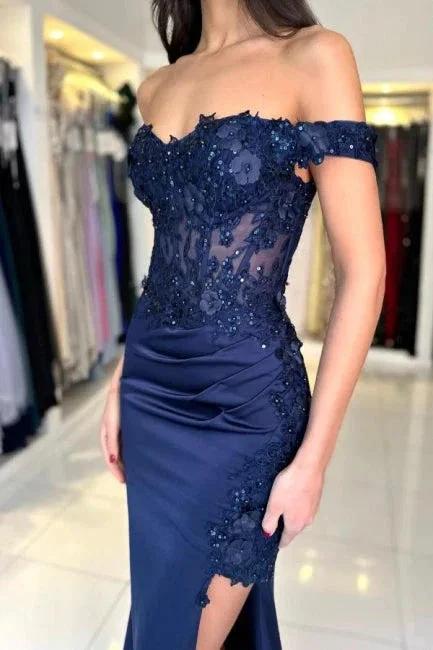Fabulous Column Satin Lace Off-The-Shoulder Sleeveless Prom Dresses With Appliques Split Front by misshow.com