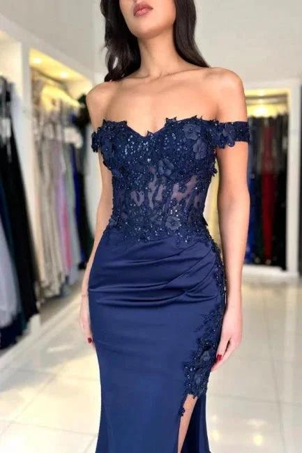 Fabulous Column Satin Lace Off-The-Shoulder Sleeveless Prom Dresses With Appliques Split Front by misshow.com