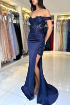 Fabulous Column Satin Lace Off-The-Shoulder Sleeveless Prom Dresses With Appliques Split Front by misshow.com