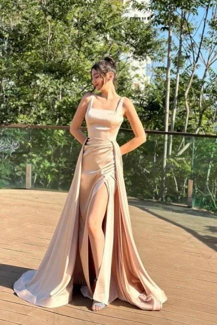 Fabulous Column Satin Square Sleeveless Prom Dresses With Split Train by misshow.com