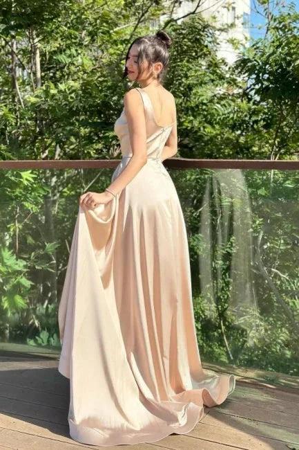 Fabulous Column Satin Square Sleeveless Prom Dresses With Split Train by misshow.com