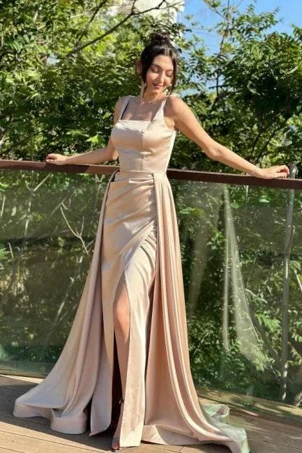 Fabulous Column Satin Square Sleeveless Prom Dresses With Split Train by misshow.com