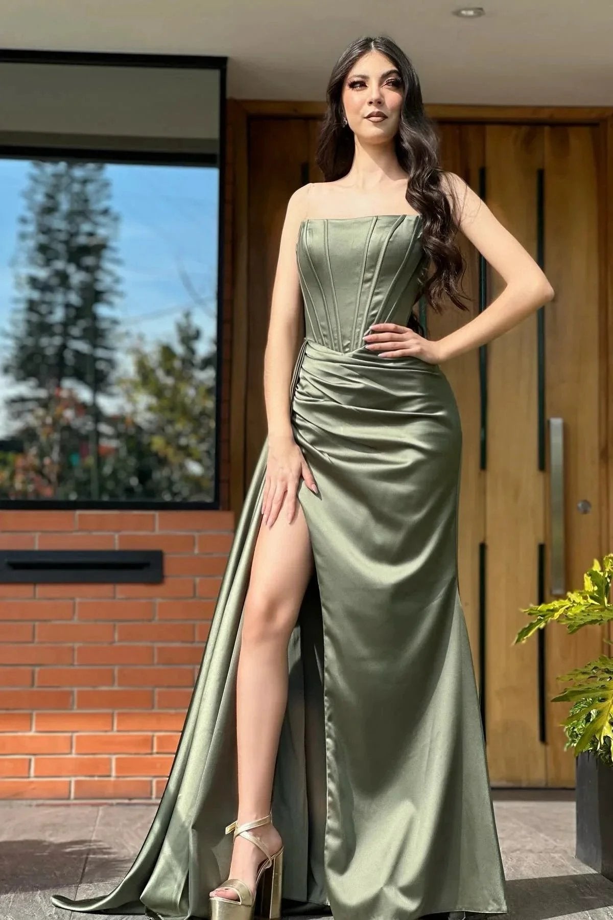 Fabulous Column Satin Strapless Sleeveless Prom Dresses With Ruffles Split by misshow.com