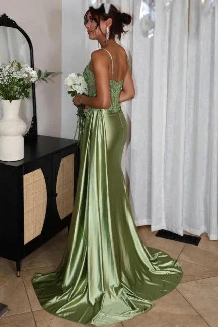 Fabulous Column Tulle Satin Sweetheart Sleeveless Green Prom Dresses With Split Front by misshow.com