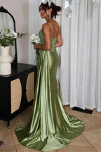 Fabulous Column Tulle Satin Sweetheart Sleeveless Green Prom Dresses With Split Front by misshow.com