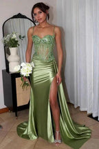 Fabulous Column Tulle Satin Sweetheart Sleeveless Green Prom Dresses With Split Front by misshow.com