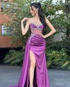 Fabulous Column Tulle Satin Sweetheart Sleeveless Prom Dresses With Ruffles Split by misshow.com