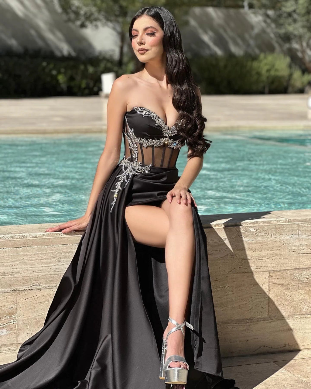 Fabulous Column Tulle Satin Sweetheart Sleeveless Prom Dresses With Ruffles Split by misshow.com