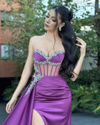 Fabulous Column Tulle Satin Sweetheart Sleeveless Prom Dresses With Ruffles Split by misshow.com