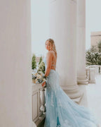 Fabulous Column Tulle Spaghetti Straps Sleeveless Long Prom Dress With Appliques by misshow.com