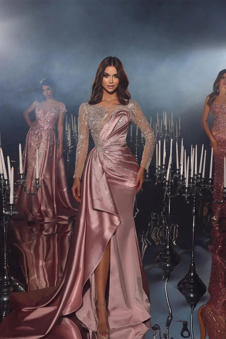 Fabulous Floor Length Crew Long Sleeves Mermaid Satin Prom Dress with Ruffles by misshow.com