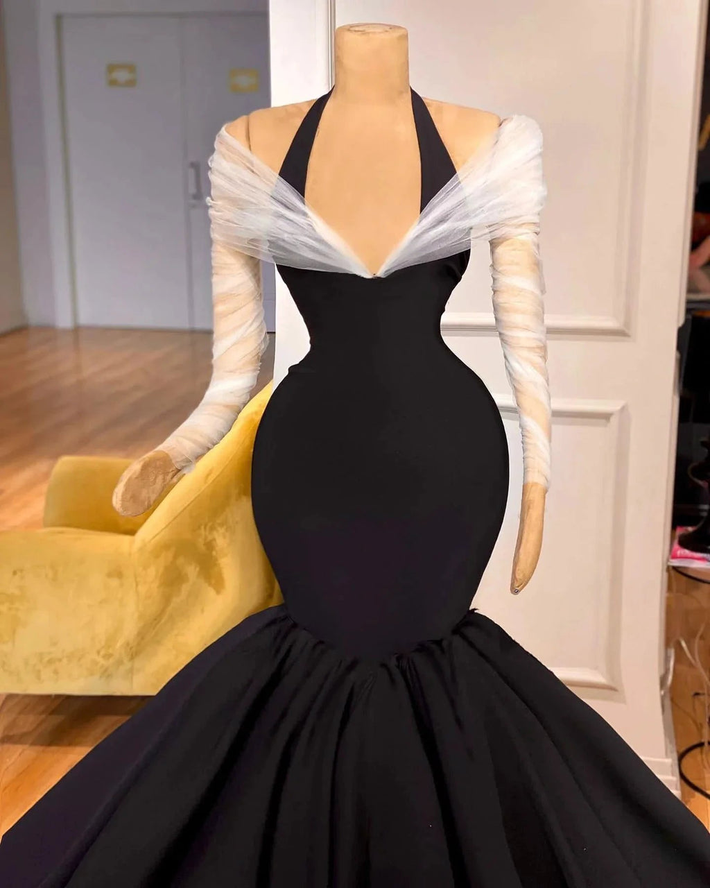 Fabulous Floor Length Long Sleeves Halter Mermaid Prom Dress with Ruffles by misshow.com
