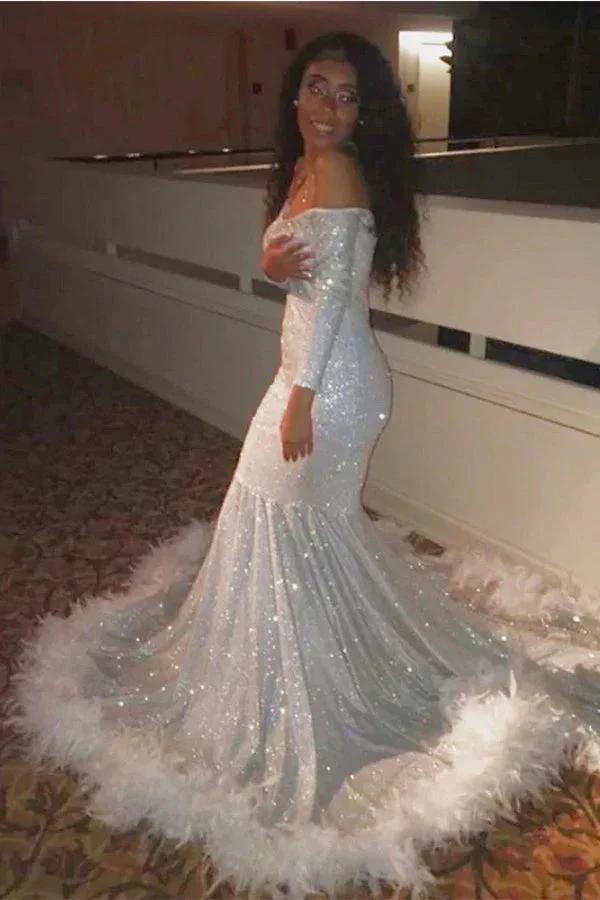 Fabulous Floor Length Long Sleeves Mermaid Sequined Prom Dress with Feathers by misshow.com
