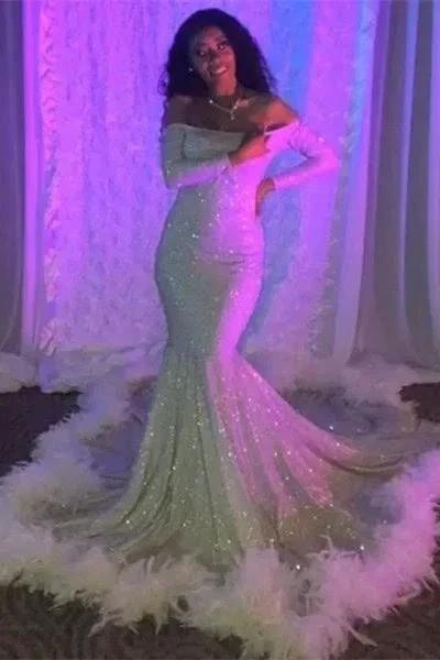 Fabulous Floor Length Long Sleeves Mermaid Sequined Prom Dress with Feathers by misshow.com