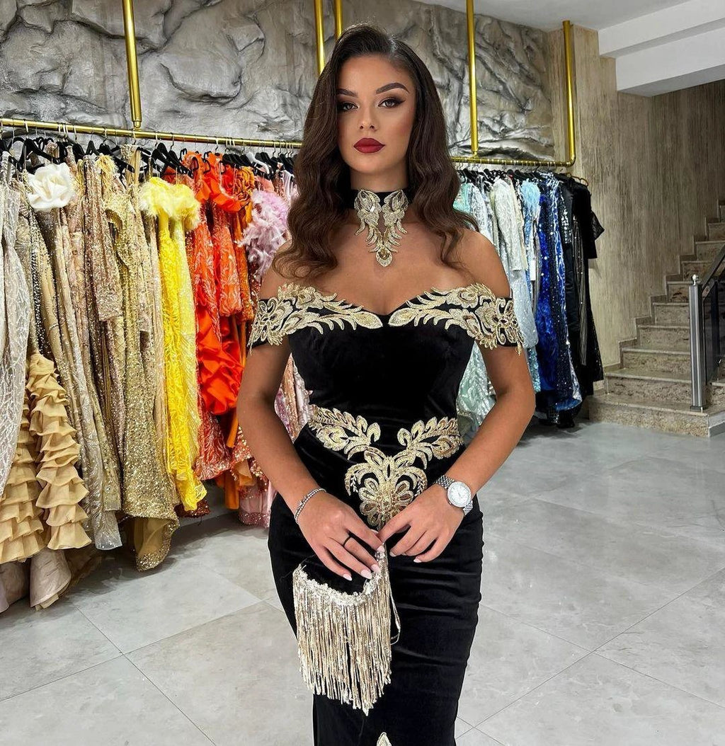 Fabulous Floor Length Off-The-Shoulder Mermaid Black Prom Dress with Appliques by misshow.com