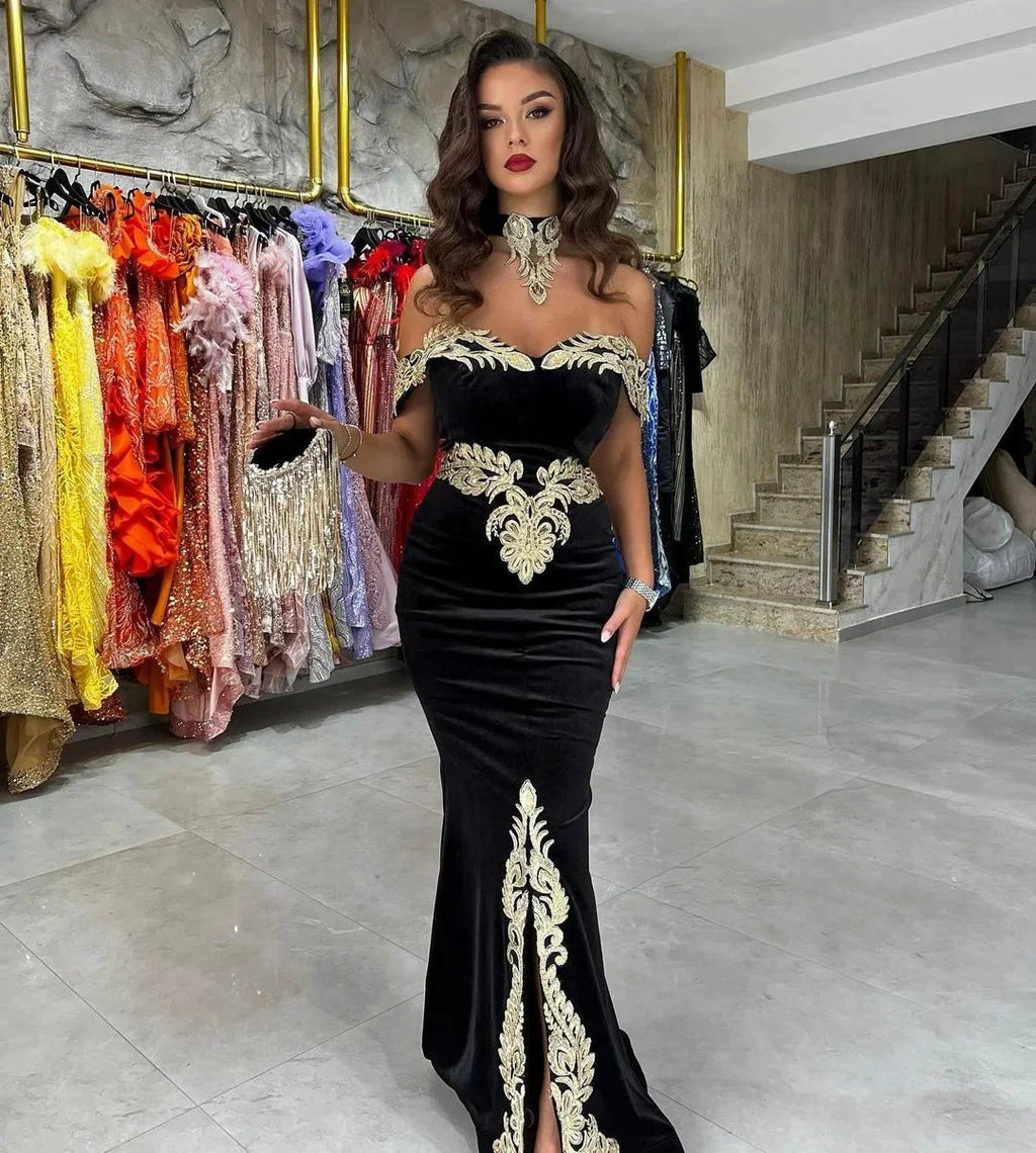 Fabulous Floor Length Off-The-Shoulder Mermaid Black Prom Dress with Appliques by misshow.com